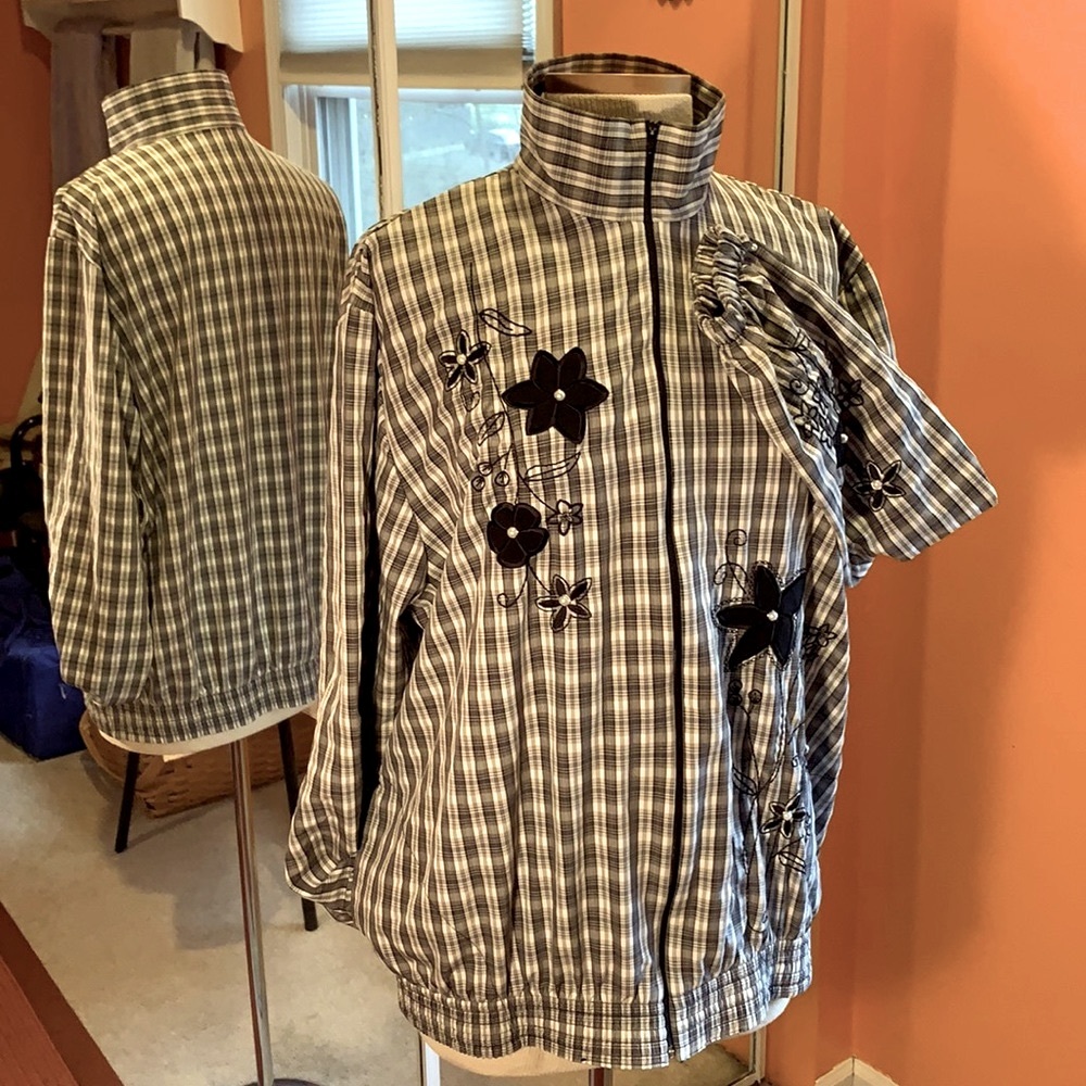 Black & White Plaid Zip Jacket with Floral Detail